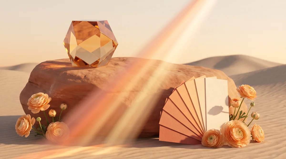 An amber crystal and a fan of color swatches